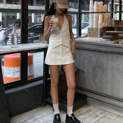 Candyhot Fashion Casual V-neck Sleeveless Suit Tank Top With High-waist Bodycon Hip Skirt Streetwear Retro Women 2 Piece Sets