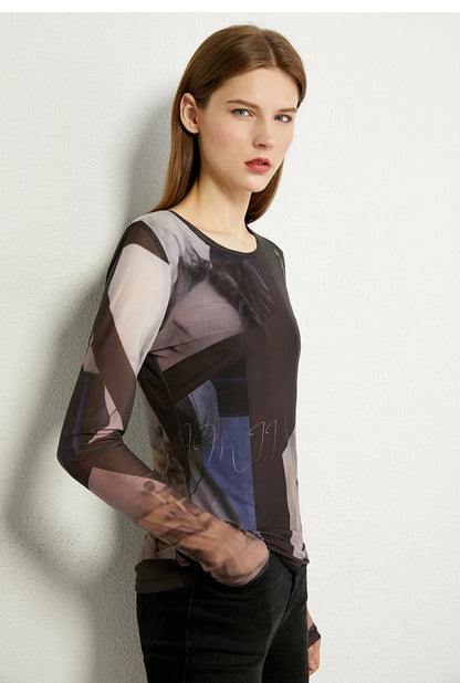 AMII Minimalism Long sleeve T-shirts for Women 2025 Spring New Bottoming Shirt Mesh Printing Inside Slim Trendy Tops 12421003