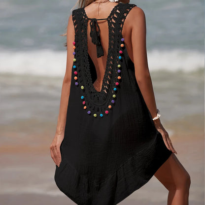 Women V-Neck Backless Hollow Out Short Dress Crochet Splicing Wooden Ear Dress With Colored Balls Beach Swimsuit Cover Up