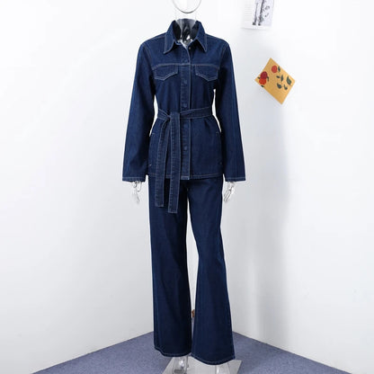 Women Two Pieces Set Denim Pant Sets Single Breasted Long Sleeve Belt Coat Wide Leg Trousers Jeans Female 2 Pieces Outfits