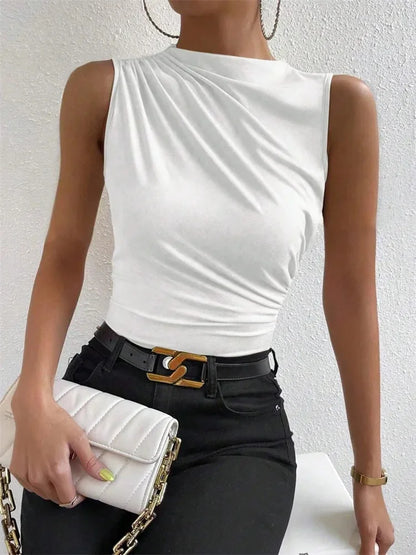 Women's Casual Mock Neck Ruched Tank Top Summer 2024 Solid Color Slim Fit Pleated Sleeveless T Shirt Tee Tshirt Streetwear