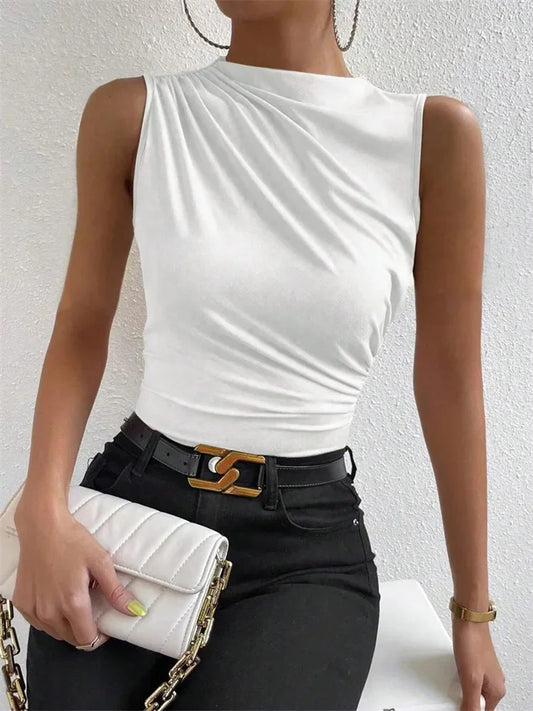 Women's Casual Mock Neck Ruched Tank Top Summer 2024 Solid Color Slim Fit Pleated Sleeveless T Shirt Tee Tshirt Streetwear