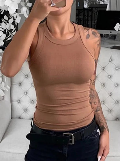Women Solid Round Neck Ribbed Tank Top Camisole Women Summer Basic Elastic Tank Top O Neck Solid Tank Top