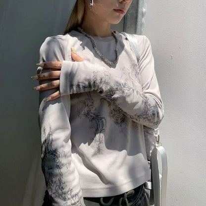 Vintage Women Clothes Y2K T-shirts 2023 Blusas O-neck Long Sleeve Print Tunic Woman Clothing Fashion Casual Crop Tops Shirts