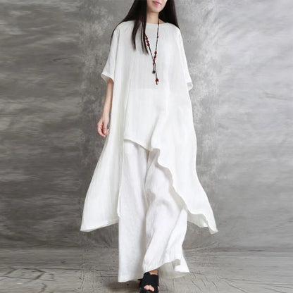 Women Cotton Linen Pant Sets 2 Pieces Casual Half Sleeve Solid Loose Blouse&High Elastic Waist Wide Leg Full Trousers Suits