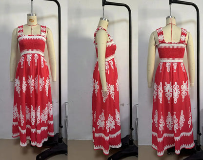 2025 Summer Fashion New Women's Bohemian Style Dress Beach Vacation Printed Strap Fold A-line Length Dress