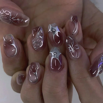 24Pcs False Nails Spicy Girl Silver Bow with Diamond Fake Nails with Glue Almond Press on Nails Black Cool Y2k Almond Nail Set