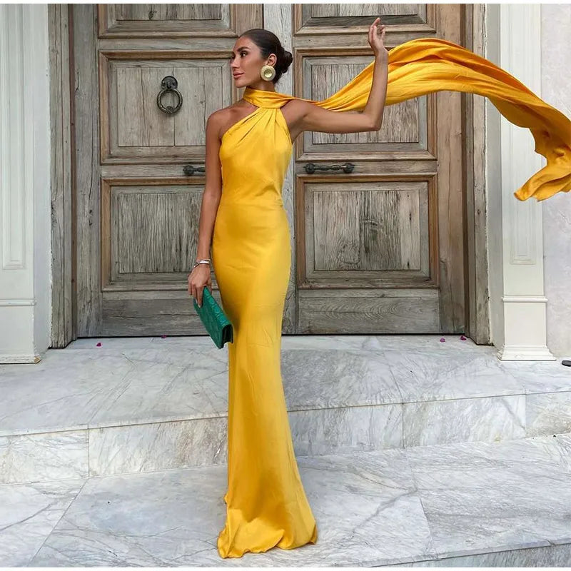 Elegant Solid Ribbon Women Halter Dress Off Shoulder Sleeveless Backless Slim Female Maxi Dresses 2025 Summer New Chic Lady Robe