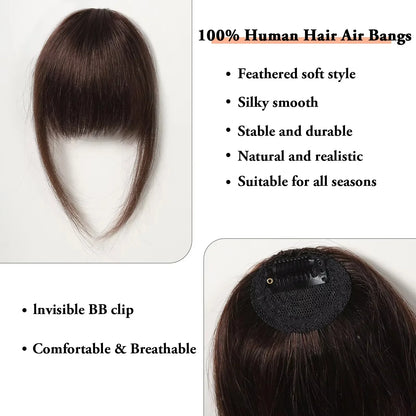 100% Human Hair Bangs Natural Brown Wispy Bang Hair Clip in Bangs Fringe with Temples Hairpiece for Women Clip on Air Bang 4.5in