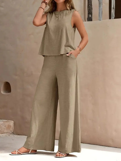 QX Womens Sleeveless Summer 2025 Pants Suit Flash Sale Solid Color Elegant Two Piece Round Neck Suit
