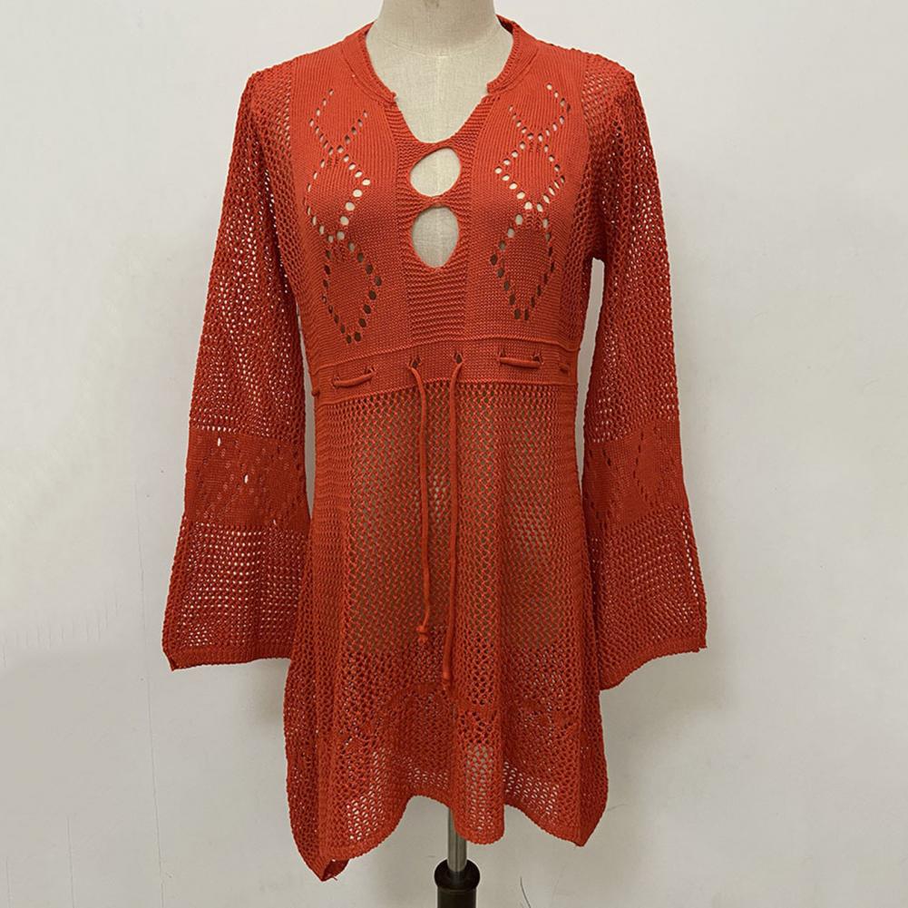 Sexy Women’s Bathing Suit Beach Cover Up Hollow Out Knitted Women Flared Sleeves Solid Color Beach Dress saida de praia
