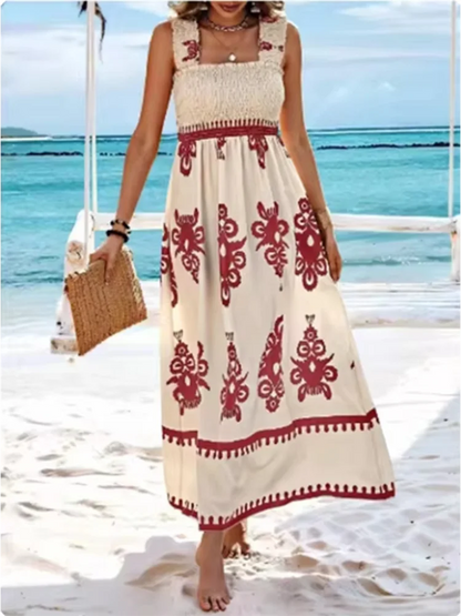 Summer Sleeveless Square Collar Printed Dress Women Suspender High Waist A Line Dresses Beach Vacation Robe