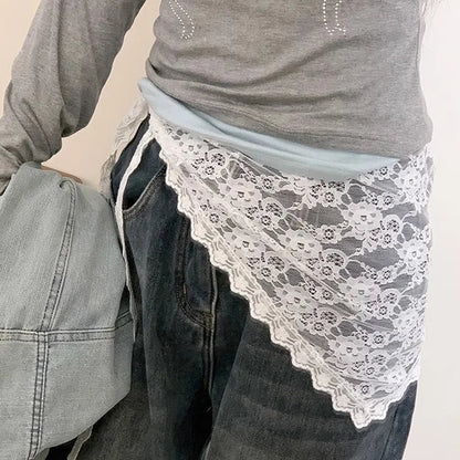 2 in 1 Triangle Short Skirt Half Skirt Butt Curtain Skirt Lace Trim Apron Soft Lace Stacked Ins Style Korean Spring Headscarf
