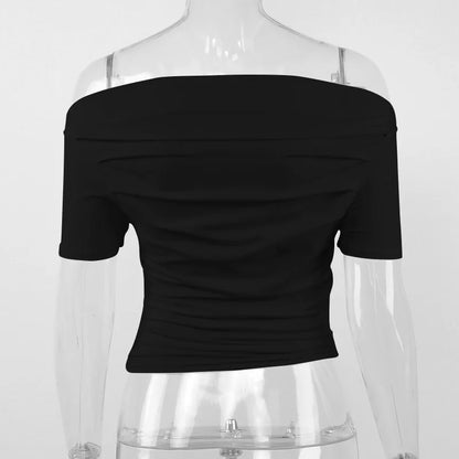 Summer New T-shirt Women Sexy Short Sleeve Fashion Tees Slash Neck Folds Crop Top Casual Streetwear Bodycon Solid Basic T-shirts