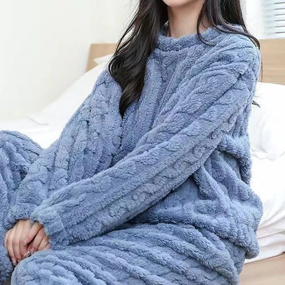 Autumn Women Solid Warm 1/2 Piece Sets Thicken Velvet Ribbed Fleece Set Pullover And Pants Women Casual Pajama Sets 2025