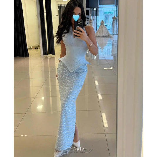 Cathy Customized Elegant Halter Neck Beading Prom Dresses Sheath Sleeveless vestidos de noiva Ankle-Length Evening Dress 2025