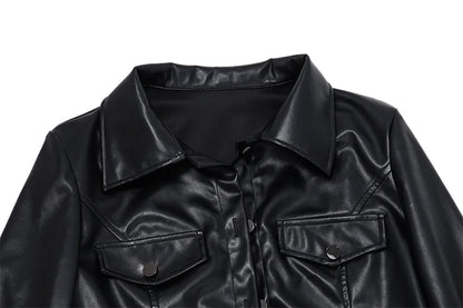 Xeemilo Autumn Faux Leather Short Jacket Y2K Turn-down Collar Fashion Botton Decoration PU Coat 2022 Grunge Street Casual Coats