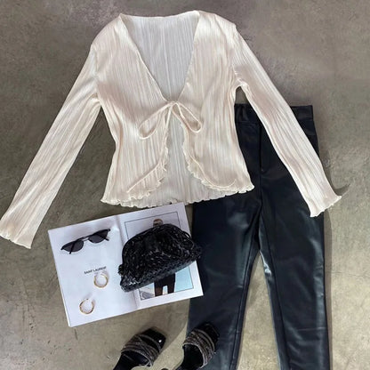 2025 Women Pleated Plain Shirts Spring Fall Chic Long Flare Sleeve V- Neck Tie Up Cardigans Tops for Casual Party Street