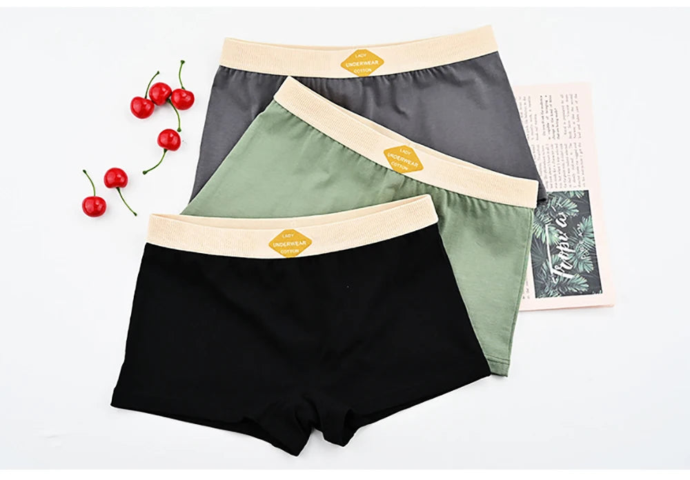 3PCS/Pack 100% Cotton Multicolor Solid Women's Boxer Knit Breathable Panties Underwear Soft High Elastic Mid-rise Thin Boyshorts