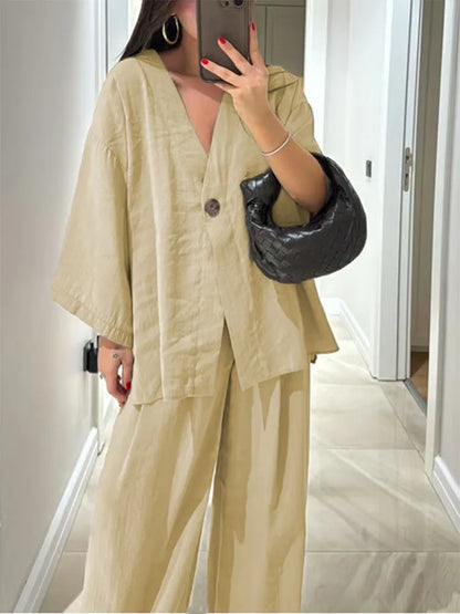 Women Classic Solid Wide Leg Pants Suits Summer Fashion V-neck One Button Loose Blouse Sets Casual Female Daily Streetwear 2025