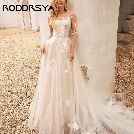 Boho A-Line Wedding Dress Applique O-Neck Bride Dress Tulle Illusion Luxury Bridal Gowns New Vestidos De Novia 2025 Customized