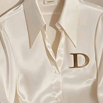 Elegant French Women's Pink/White Satin Shirt Turn-down Collar Long Sleeve Blouse Spring Autumn for Women Casual Office Lady New