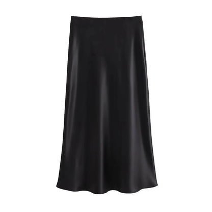 TRZA Women's Soft Touch Silk-Like Midi Skirt High Waist Elastic Waistband Chic Fashion Female Skirts Elegant Mujer