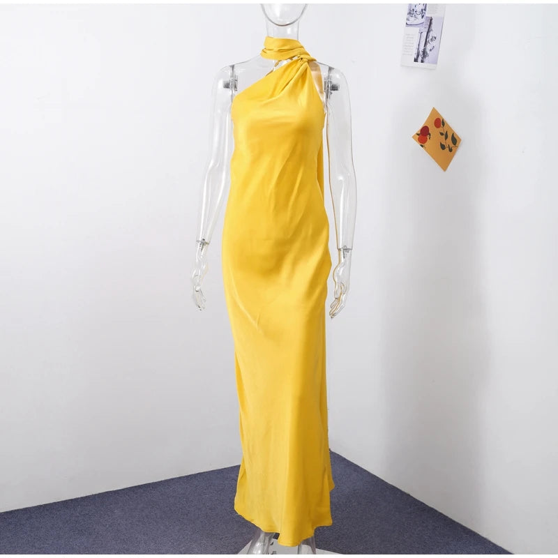 Elegant Solid Ribbon Women Halter Dress Off Shoulder Sleeveless Backless Slim Female Maxi Dresses 2025 Summer New Chic Lady Robe