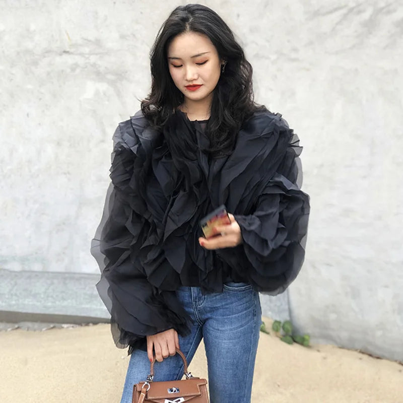 TWOTWINSTYLE Vintage Patchwork Ruffle Shirt For Women O Neck Lantern Long Sleeve Solid Elegant Blouse Female Fashion New Style
