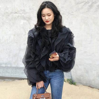 TWOTWINSTYLE Vintage Patchwork Ruffle Shirt For Women O Neck Lantern Long Sleeve Solid Elegant Blouse Female Fashion New Style