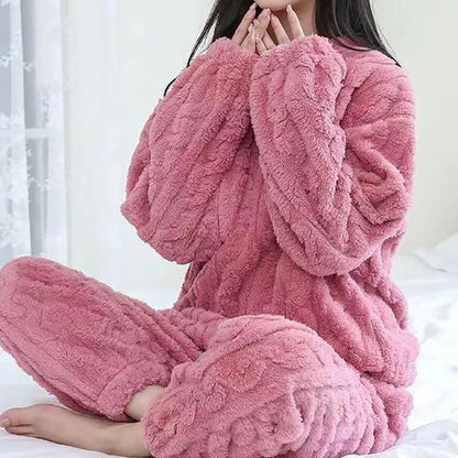 Autumn Women Solid Warm 1/2 Piece Sets Thicken Velvet Ribbed Fleece Set Pullover And Pants Women Casual Pajama Sets 2025
