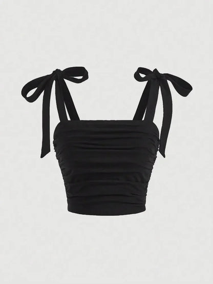 Solid Tie Shoulder Ruched Wide Strap Slim Fit Crop Top for Women Summer 2024 Y2K Clothes Pink Backless Cami Top Streetwear