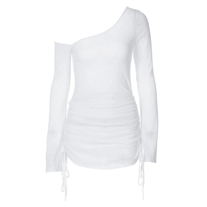 Dulzura Solid Skew Collar Ruched Straps Lace-Up See Through Draw String Mini Dress 2025 Summer  Women Party Clubwear Wholesale