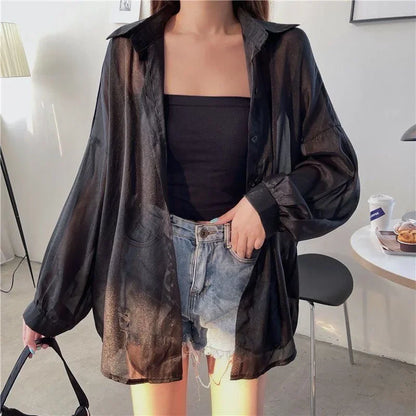 Xpqbb Women's White Chiffon Shirt Sheer Thin Long Sleeve Sun Protection Blouse Woman Casual Loose Simple Single-breasted Shirts