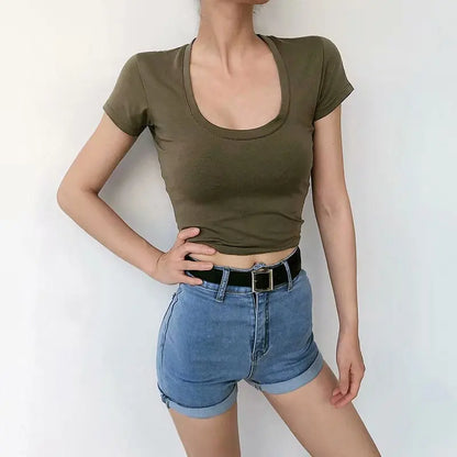 U-Neck Crop Top Solid Color Women Casual High Waist T Shirt Basic Sexy Streetwear Short Sleeve Slimming Tops