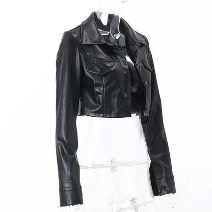 Xeemilo Autumn Faux Leather Short Jacket Y2K Turn-down Collar Fashion Botton Decoration PU Coat 2022 Grunge Street Casual Coats