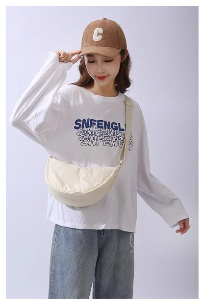 Solid Color Women's Portable Shoulder Bag Simple Female Nylon Cloth Padded Crossbody Bags Travel Purse Handbags Messenger Bag