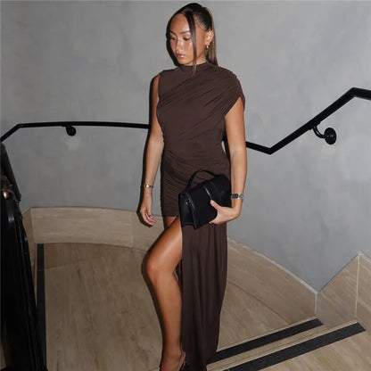 Balitops Summer Draped Ruched Sexy Mini Dress Women 2025 New Irregular High Waist Slim Fit Dress Female Elegant Club Tank Dress