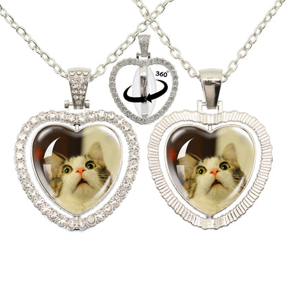 Lovely Little Cat Glass Cabochon 360 Degree Rotating Heart Shaped Pendant With Double-Sided Necklace For Girls' Birthday Gift Je