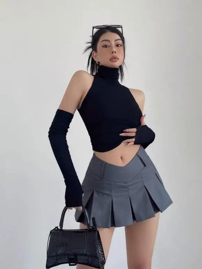 Spring Summer Top Sexy Tank Top Spicy Girl Sleeves High Neck Pleated Club Crop Top Women tshirt Skinny Streetwear Y2k Clothing