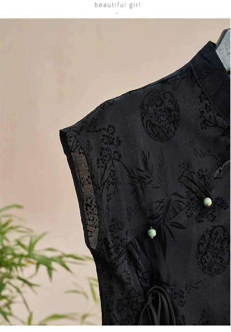 Retro Thin Shirt New Chinese Style Cheongsam Top Black Jacquard Short Sleeve T-shirt Summer Mature Fashion Women's Clothing