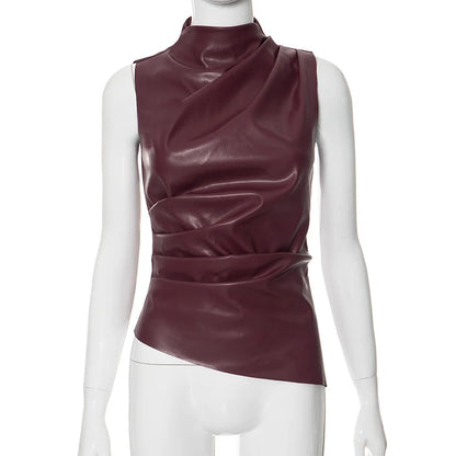 Women Y2K Vintage Pu Simple Basic Tank Top High Waist Skinny Shrunk Slash Cut Sleeveless Tops Versatile Noble Shirts
