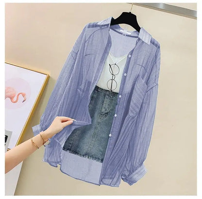 Summer sunscreen chiffon blouse Korean Harajuku style loose casual women's cardigan elegantly perforated top sheer fashionable