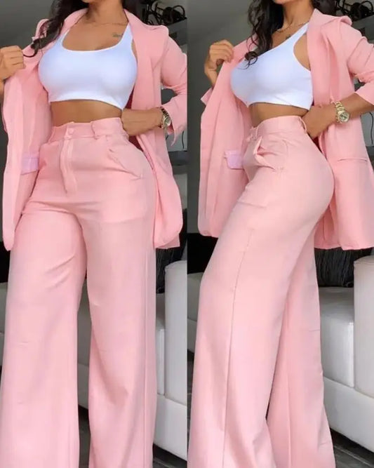 Women's Urban Suits 2025 Spring/Summer Latest Elegant Notched Collar Blazer Long sleeved Coat&Pocket Design Button Pants Set