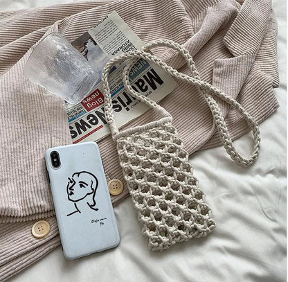 Women Fashion Small Crossbody Phone Bag Solid Color Hollow-out Woven Crochet Lightweight Braided Shoulder Handbag Crossbody Bags