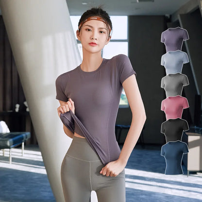2024 Women's Sports Fitness Clothing Slim Running Sweat Absorbing Skinny Yoga Clothes Quick Drying Clothes Short Sleeved T-shirt