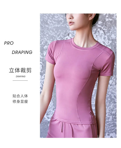 2024 Women's Sports Fitness Clothing Slim Running Sweat Absorbing Skinny Yoga Clothes Quick Drying Clothes Short Sleeved T-shirt