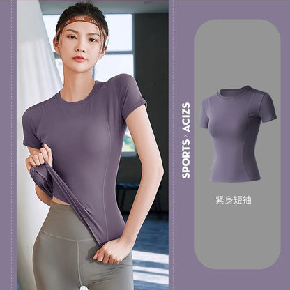 2024 Women's Sports Fitness Clothing Slim Running Sweat Absorbing Skinny Yoga Clothes Quick Drying Clothes Short Sleeved T-shirt